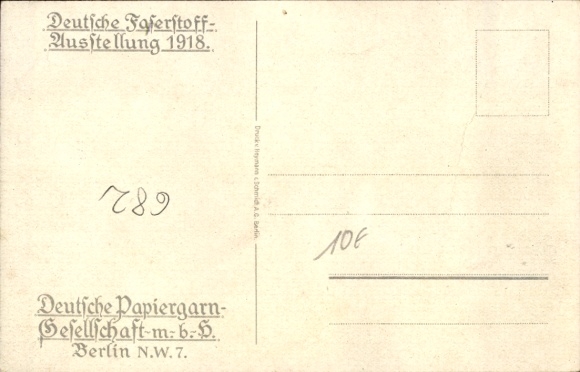 Postcard German Fiber Exhibition 1918, Deutsche Papiergarn GmbH Berlin, Development of Paper Pulp