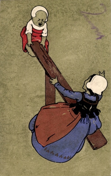 Künstler Ak Kinder in niederländischer Tracht, Wippe