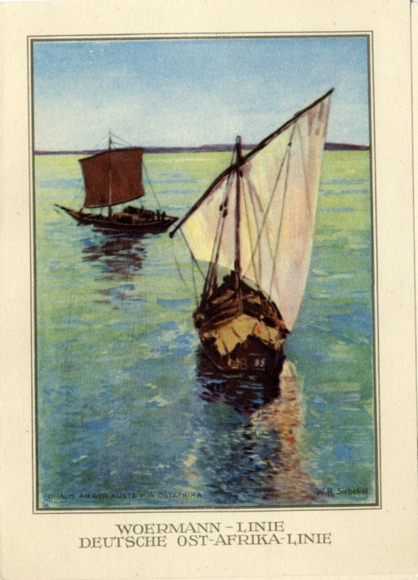Artist menu card Siebelist, steamer Adolph Woermann, 16. Mia 1930, main meal, East African coast
