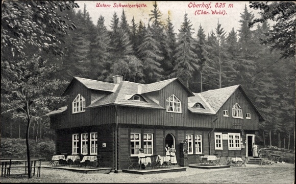 Postcard Oberhof in the Thuringian Forest, Untere Schweizerhütte, building with windows, surrounded by forests