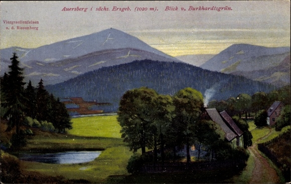 Postcard Burkhardtsgrün Zschorlau in the Erzgebirge, Auersberg, Viergesellenfelsen, Auersberghaus