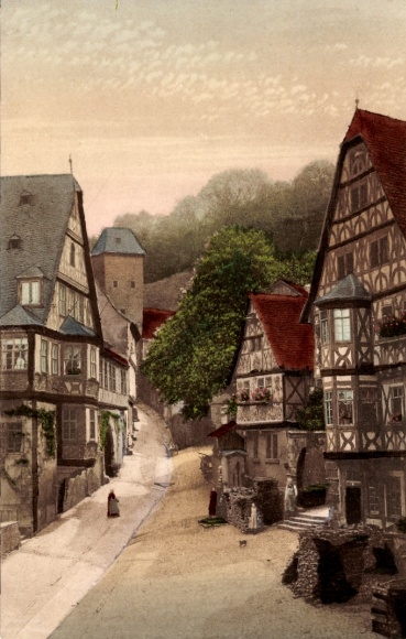 Postcard Miltenberg am Main Lower Franconia, half-timbered houses in a steep alley