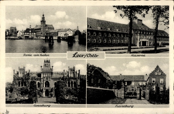 Ak Leer in Oost-Friesland, haven, kazerne, Evenburg, Haneburg
