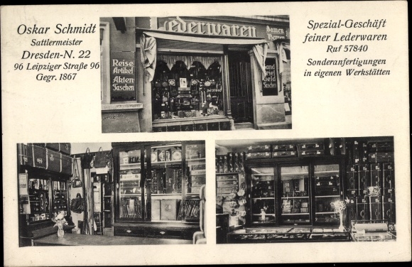 Postcard Dresden Neustadt, master saddler Oskar Schmidt, leather goods store, Leipziger Str. 96
