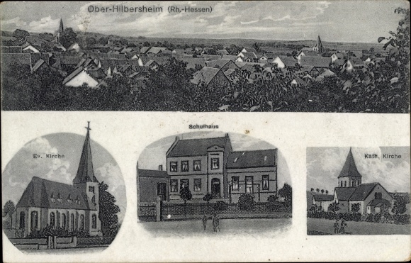 KP Ober Hilbersheim w Rheinhessen, szkoła, kościół katolicki i protestancki, widok ogólny