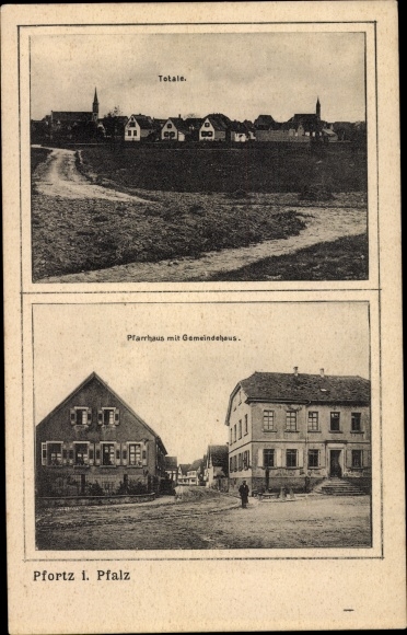 Ak Pforz Wörth am Rhein im Bienwald Rheinland Pfalz, Pfarrhaus mit Gemeindehaus, Totalansicht