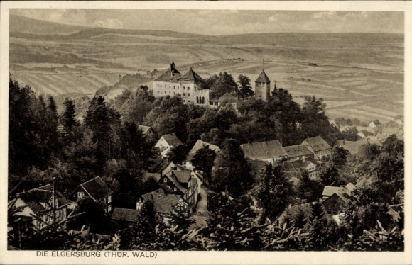 Postcard Elgersburg in Thuringia, castle on hill, houses, landscape, forests, surroundings