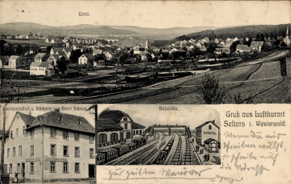 Ak Selters in het Westerwald, algemeen beeld, restaurant en bakkerij Ernst Schnug, treinstations