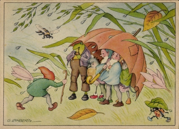 Künstler Ak Lambertz, G., Zwerge unter Regenschirm, Frosch, Marienkäfer, Biene, Vogel, Maus