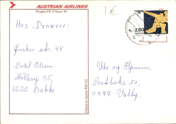 Postcard Douglas DC 9 Super 80, Austrian Airlines, Austrian passenger aircraft