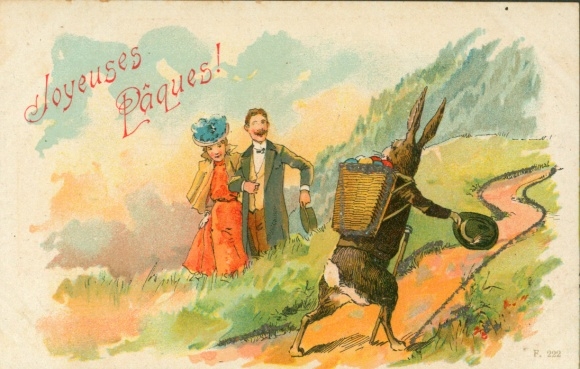 Chromo-Litho Happy Easter, Easter Bunny, Couple on a Walk