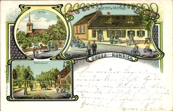 Chromo-Litho Kuhbier Groß Pankow in der Prignitz, Church, Mertens Gasthof, Dorfstraße
