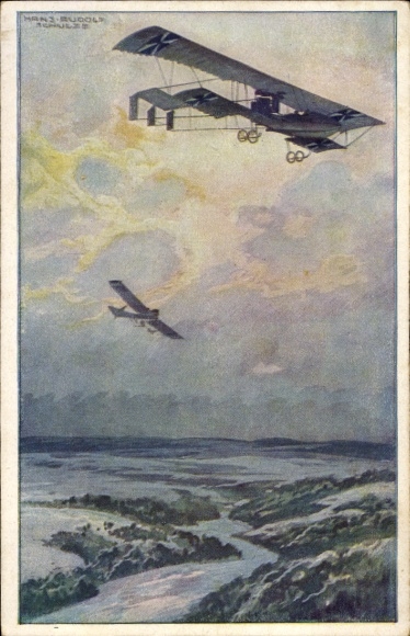Artist Postcard Schulze, Hans Rudolf, Military biplane on reconnaissance mission over the Argonne Forest