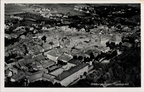 KP Hildburghausen w Turyngii, widok z lotu ptaka na budynek, widok na miasto