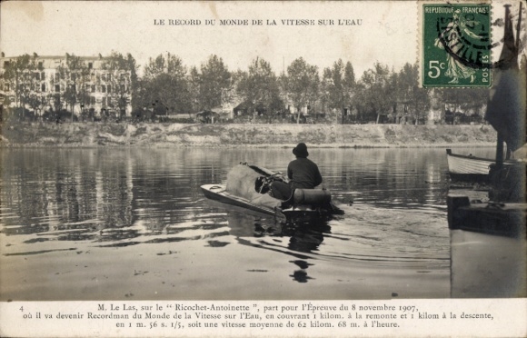 CPA Record du Monde de la Vitesse sur l'Eau, M. Le Las, Ricochet-Antoinette