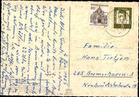 Postcard Express Steamer Hanseatic, Hamburg Atlantic Line