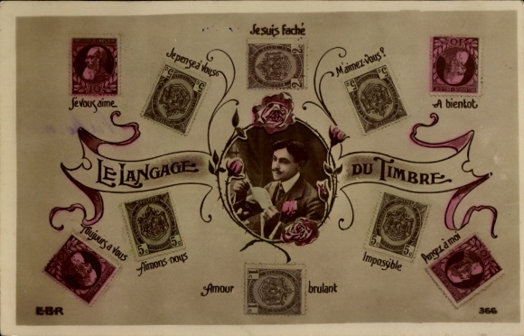 Ak Briefmarkensprache, Mann mit Blumen, Liebe