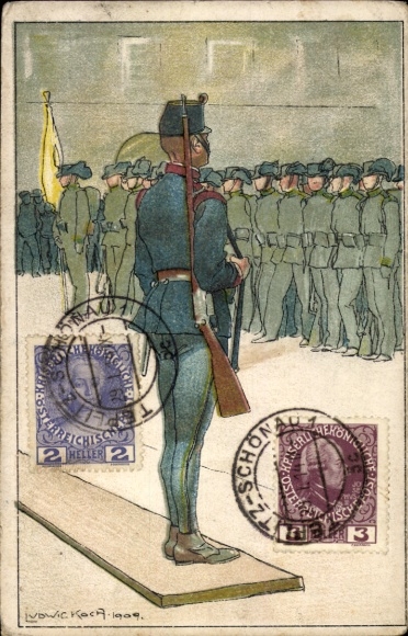 Artist Postcard Koch, Ludwig, Imperial and Royal Soldiers at Roll Call, 1909