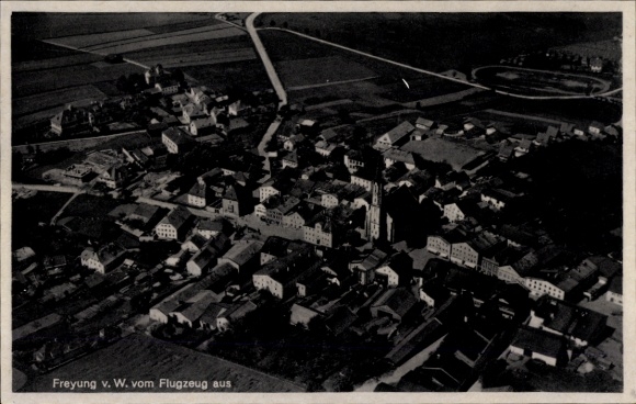 Postcard Freyung in the Bavarian Forest, aerial view of buildings, fields, black and white