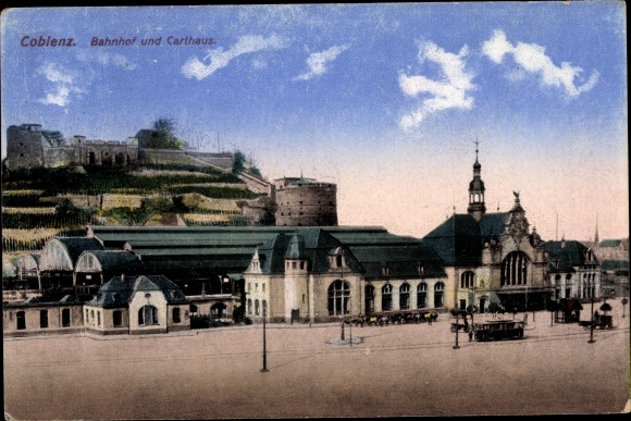 Ak Koblenz, Bahnhof und Carthaus, Straßenbahn