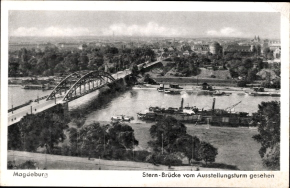 Postcard Magdeburg on the Elbe, general view, Stern Bridge, seen from the exhibition tower