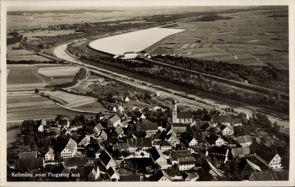 Postcard Kellmünz on the Iller Swabia, aerial view of river and landscape, village view