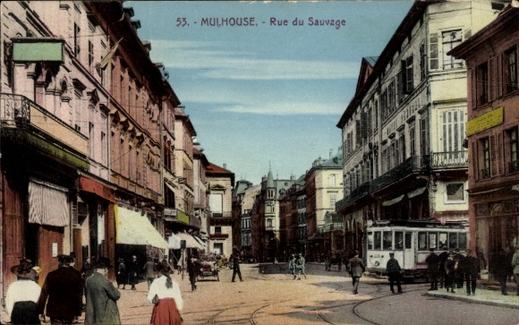Ak Mulhouse Mülhausen Elsass Haut Rhin, Straße mit Häusern, Straßenbahn, Menschen, Beschriftung '