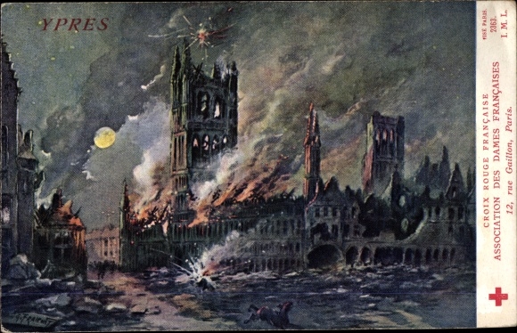 Kunstenaarskaart Ieper West-Vlaanderen, geschoten stadhuis, oorlogsvernietiging, I. WO