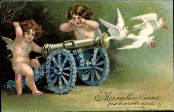 Postcard Angels shoot doves from a cannon, forget-me-not flowers
