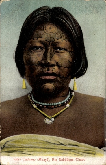 Postcard South American ethnic types, woman with tattooed face, Chaco