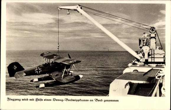 Postcard fighter aircraft is taken on board, Demag on-board luffing crane, Air Force, Navy