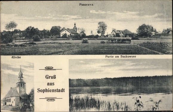 Postcard Sophienstädt Marienwerder in the district of Barnim, Buckowsee, church, panorama