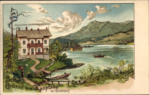 Artist Chromo-Litho Haunstetter, J., Schlehdorf am Kochelsee, projected restaurant building, Karpfsee