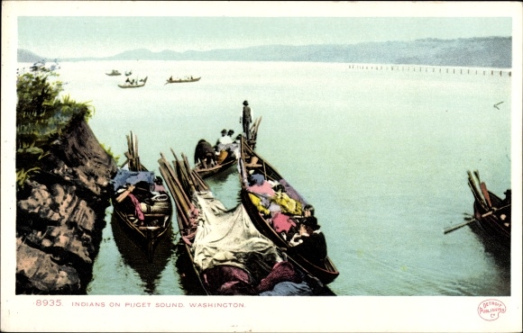 Ak Washington USA, Indianer auf Piget Sound