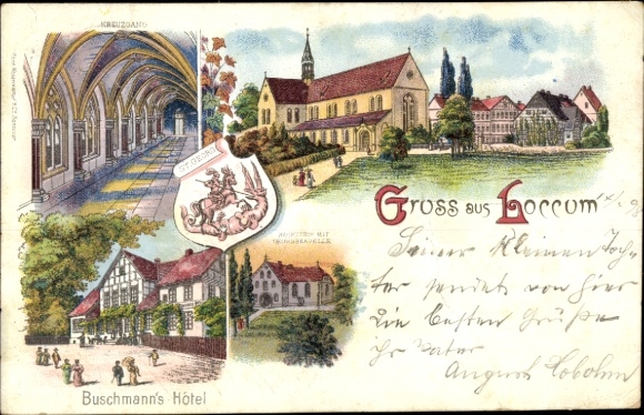Chromo-Litho Loccum in Lower Saxony, monastery, Buschmann's Hotel, main gate with St. George's Chapel, cloister