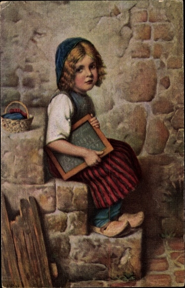 Artist PC Kaulbach, Hermann, Gretel, girl with slate, wooden slippers