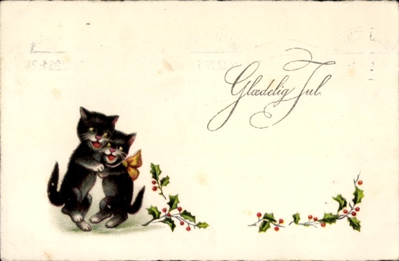 Ansichtkaart Prettige Kerstdagen, Dansende Katten, Hulst