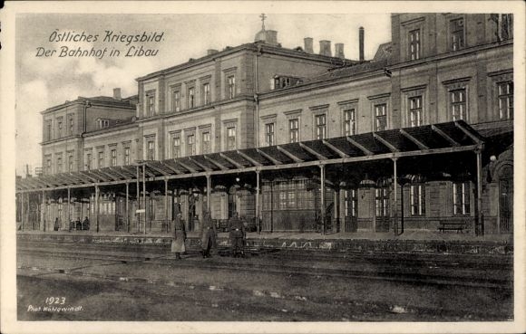 Ansichtkaart Liepaja Libau Letland, treinstation, WO1