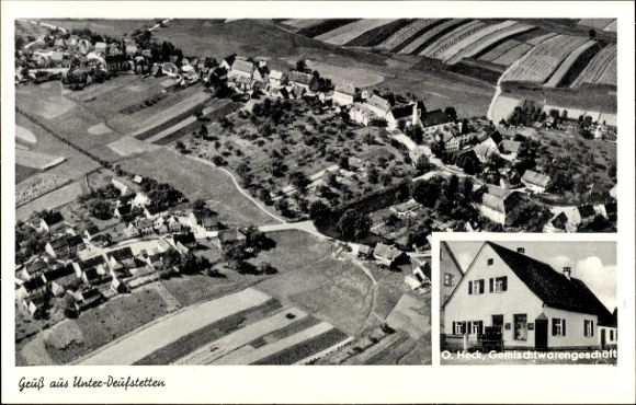 Postcard Unter Deufstetten Fichtenau, aerial photograph of the village and fields, general store O. Heck