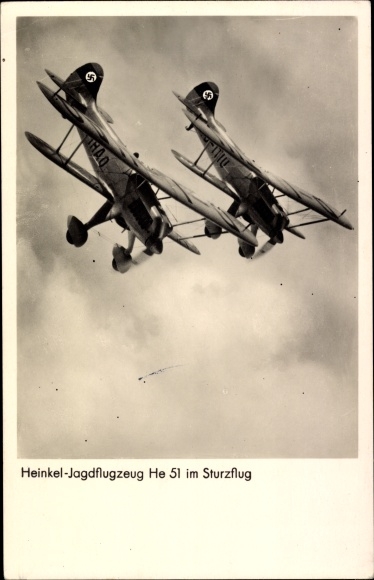 Postcard German Air Force, Heinkel He 51, fighter planes diving
