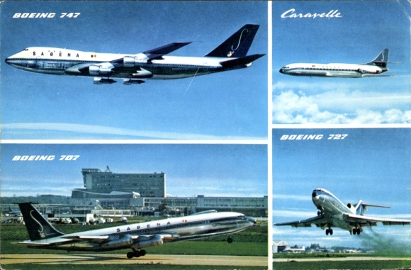 Postcard Belgian passenger aircraft, Boeing 747, Boeing 727, Boeing 707, Caravelle, Sabena Airlines