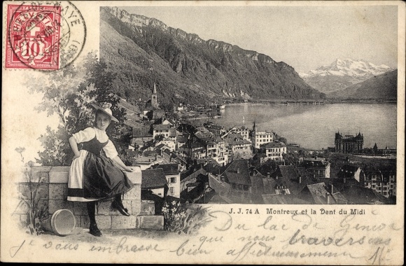 PC Montreux Canton of Vaud, Ville, Femme, Dent du Midi, woman in costume, panorama