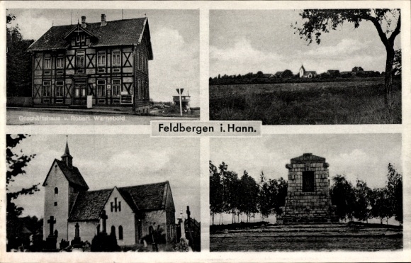 Postcard Feldbergen Söhlde in Lower Saxony, church, memorial stone, half-timbered house shop Robert Warnebold
