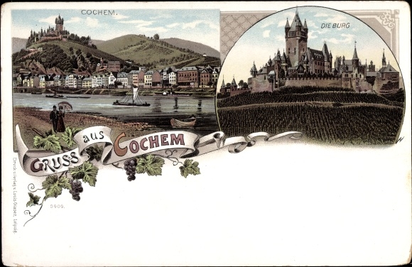 Litho Cochem an der Mosel, Burg, Blick auf den Ort