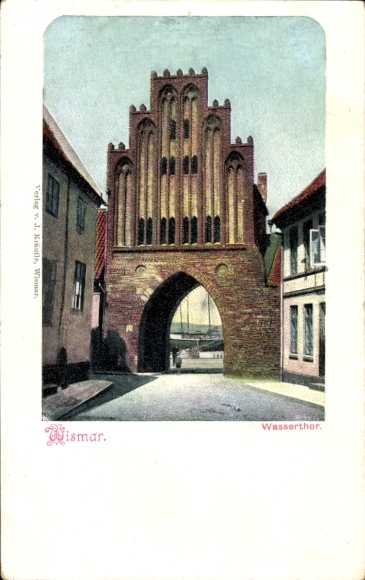 PC Hanseatic City of Wismar, Water Gate, Gothic architecture, published by J. Kräutle, Wismar