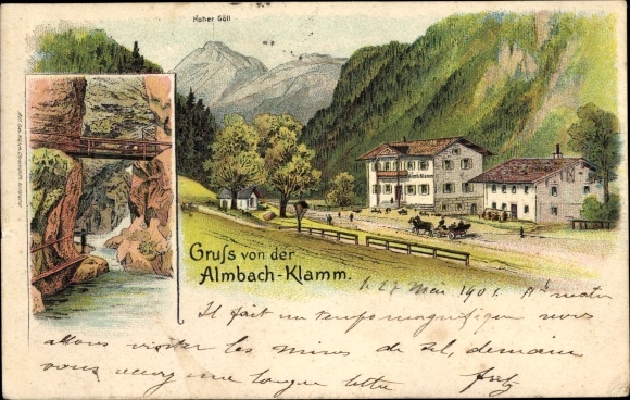 Chromo-Litho Marktschellenberg Berchtesgadener Land, Almbachklamm, Hoher Göll, inn