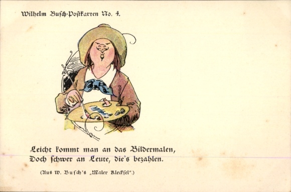 Artist Postcard Busch, W., It's easy to get into painting..., Painter Klecksel
