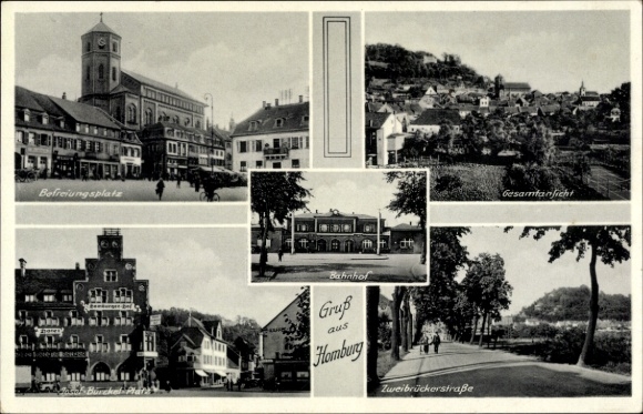 Postcard Homburg an der Saar Pfalz, train station, market square, general view, street view