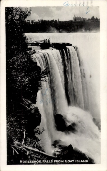 Ak Niagara Falls New York USA, Horseshoe Falls, Goat Island, waterval, zwart-witfoto