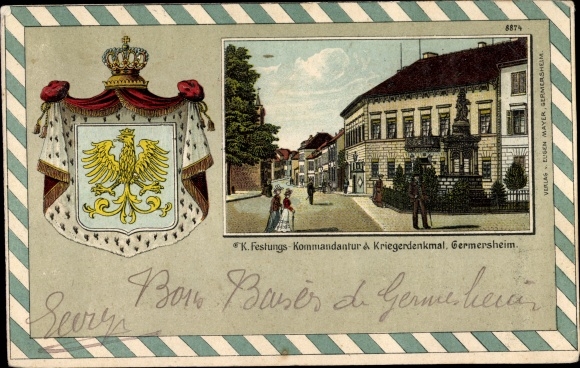 Embossed coat of arms Chromo-Litho Germersheim in the Rhine plain of Rhineland-Palatinate, commander&#39;s office, war memorial